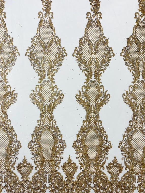 Rose Gold Glitter Tower Damask Design Fabric| 58” Wide| Quinsiañera Dresses.