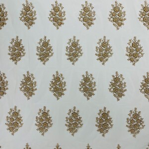 Champagne Classic Beaded Damask Lace, by The Yard.
