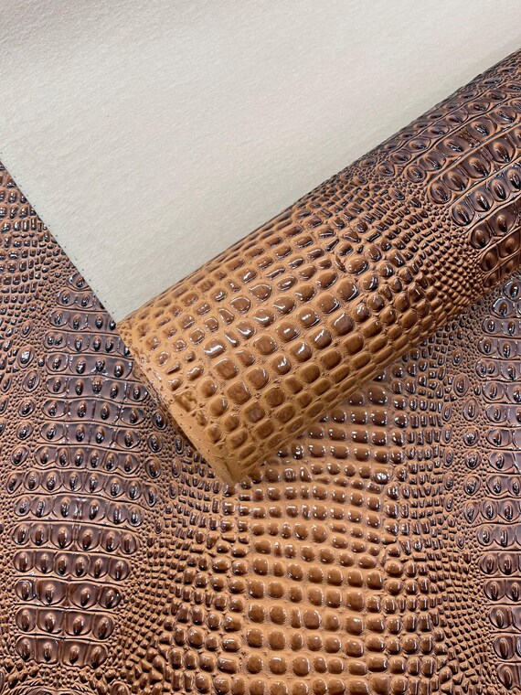 Ginger Bread Glossy Two Tone Gator Fake Leather Upholstery, 3D Crocodile Skin Texture Faux Leather PVC Vinyl, 54" Wide
