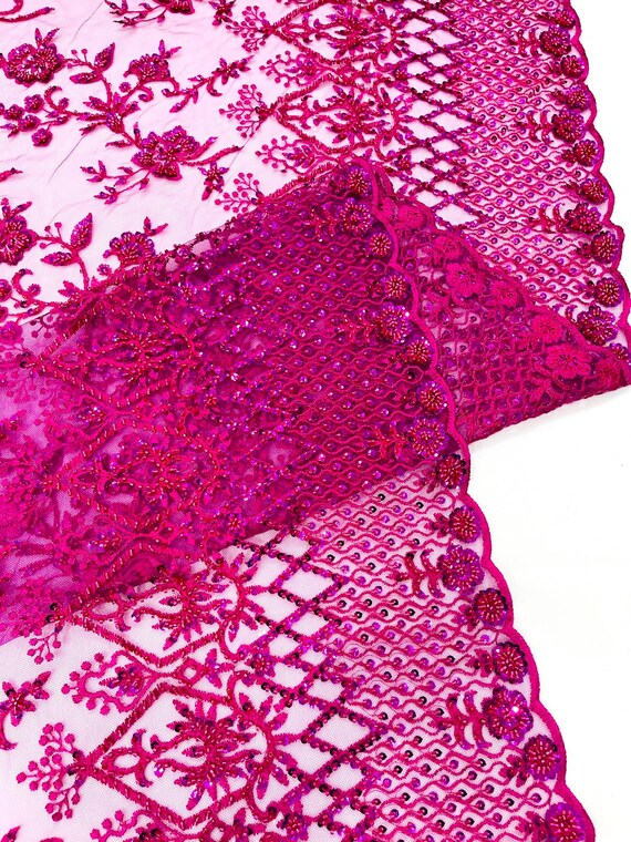 Fuchsia Modern Luxury Beaded Fabric 54” Wide- Sold by the yard