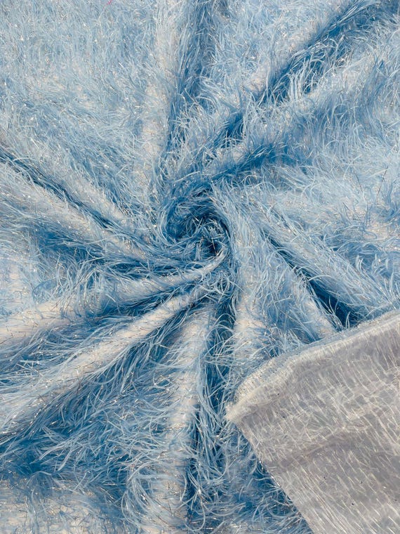 Baby Blue Shaggy Jacquard Faux Ostrich/Eye Lash Feathers Sewing Fringe With Metallic Thread Fabric By The Yard