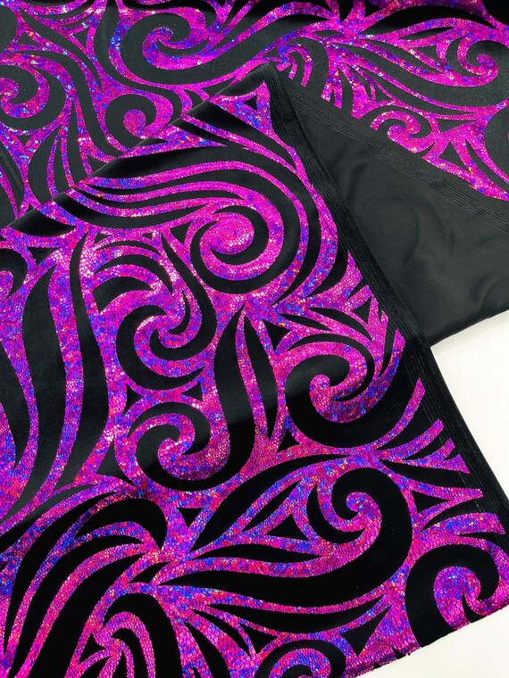 Purple Black Holographic Foil Tribal Flame Design On A Stretch Velvet Fabric. By The Yard