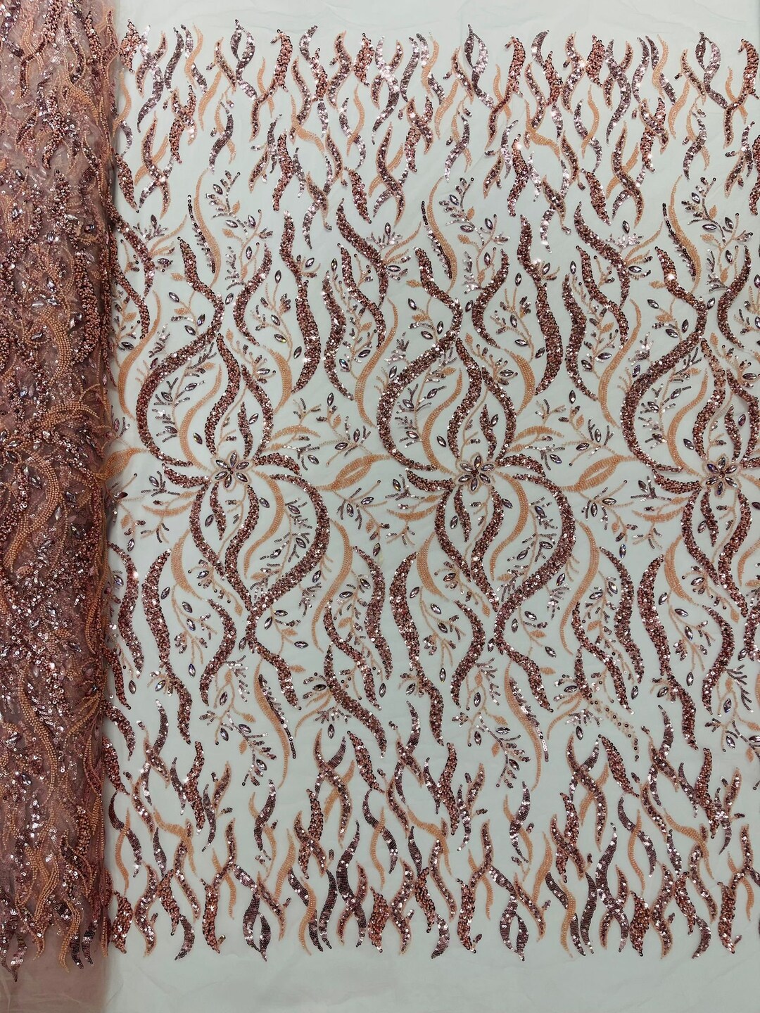Blush pink Vine Design Embroider and heavy beading on a mesh lace-sold by the yard. main image 1