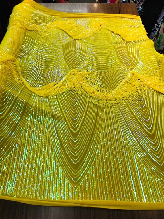 Shiny Fringe Sequins Design On a 4 Way Stretch Mesh Fabric-Prom-Sold By The Yard. Neon Yellow Iridescent