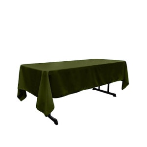 May include: A dark green rectangular tablecloth draped over a table. The tablecloth is made of a smooth, wrinkle-resistant fabric.