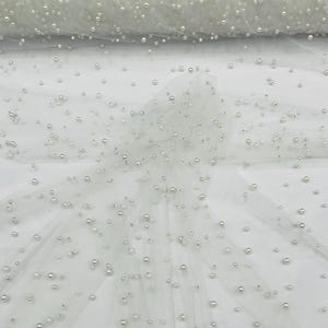 Ivory Heavy Scattered Pearls Studded Mesh, 2-Way Stretch, Sold By The Yard.