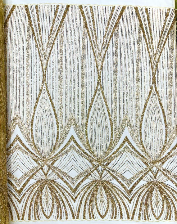 Champagne Geometric New York Fashion Beaded Lace, By The Yard.