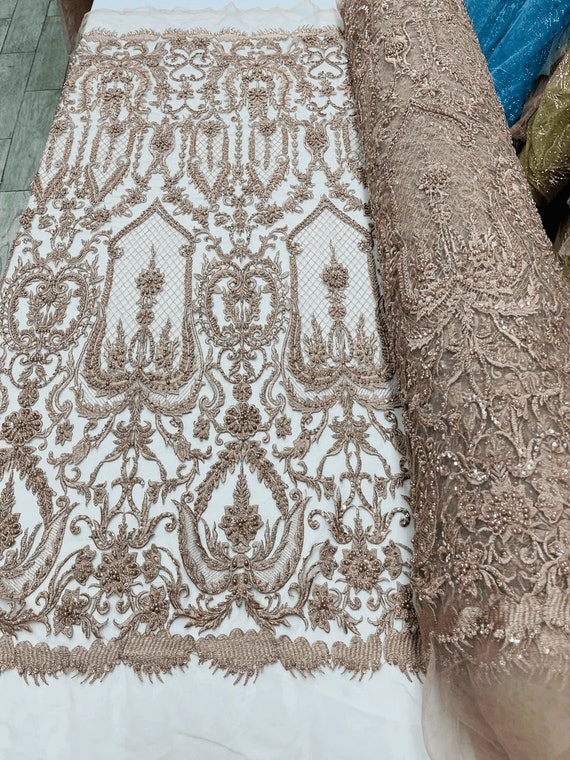 Diva Design Embroidery with Heavy Beaded On a Mesh Lace-Sold By The Yard. Rose Gold