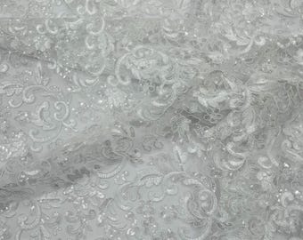 White Metallic Corded Flower Lace Fabric – Embroider With Holographic Sequins,- Sold By The Yard.