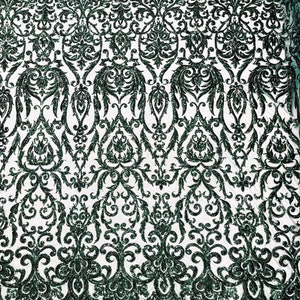 Hunter Green  Iridescent King Damask sequin design on a 4 way stretch mesh fabric-prom-sold by the yard.