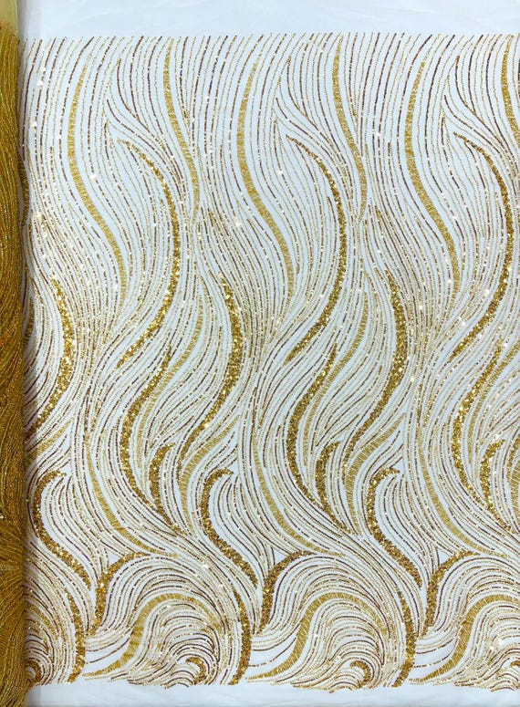 Gold Luxury Wave Beaded Lace Fabric| Prom| Wedding| By The Yard.