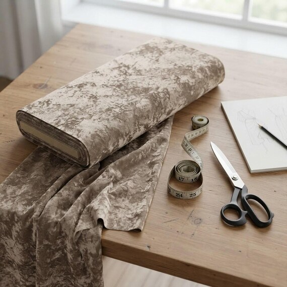 Taupe 59/60" Wide Crushed Stretch Panne Velvet Velour Fabric Sold By The Yard.