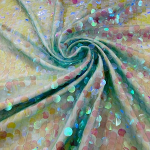 Clear-Mint Green Iridescent  Round Sequin Paillette On Mint Mesh Fabric/ 54 Inches Wide/Cosplays Fabric/Prom/Backdrops.