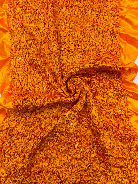 Orange Pleated Stretch Satin Ruffle lace Trim With Hologram Sequin/24" Wide/Sold By The Yard.