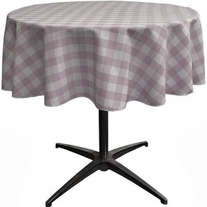 White & Blush Polyester Poplin Checkered Gingham Plaid Round Tablecloth.