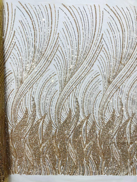 Champagne Flame Fashion Beaded Lace Fabric| Prom| Wedding| By The Yard.