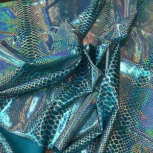 Iridescent dragon scales printed on a nylon 2 way Stretch spandex-leggings -dresses-fashion-decorations-Sold by the yard. Turquoise