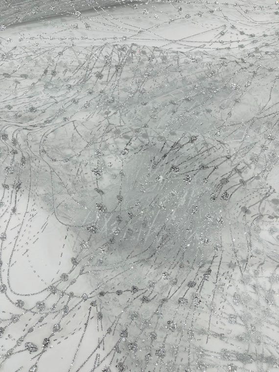Silver Galaxy Glitter Design On A Mesh Lace Fabric/Prom.
