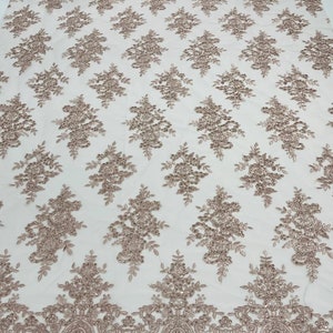 Corded Flowers Embroider With Sequins On a Mesh Lace Fabric-Sold By The Yard. Mauve