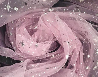 Foil Star Silver on Pink Sheer Organza Fabric by The Yard