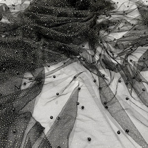 Scattered Pearls Studded with Glitter Mesh, 2-Way Stretch, Sold By the Yard Black Gold