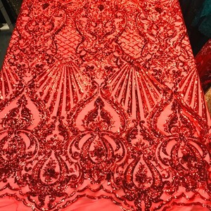 Shiny Sequin Damask Design On a 4 Way Stretch Mesh-Sold By the Yard. Red