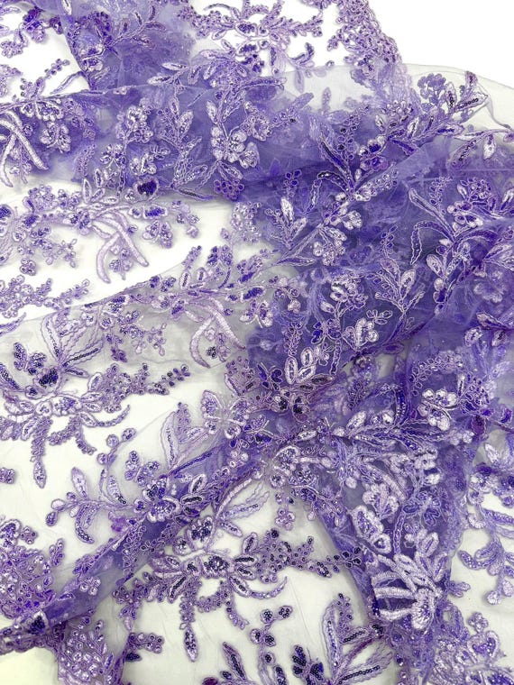 Lilac Corded Lace with Butterfly Embroidery and Sequin on Mesh Fabric.-Sold by the yard
