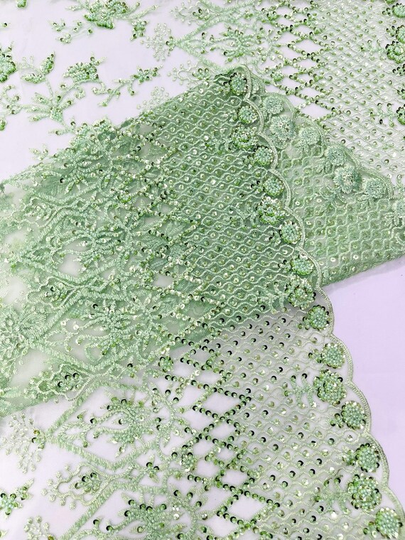 Sage Green Modern Luxury Beaded Fabric 54” Wide- Sold by the yard