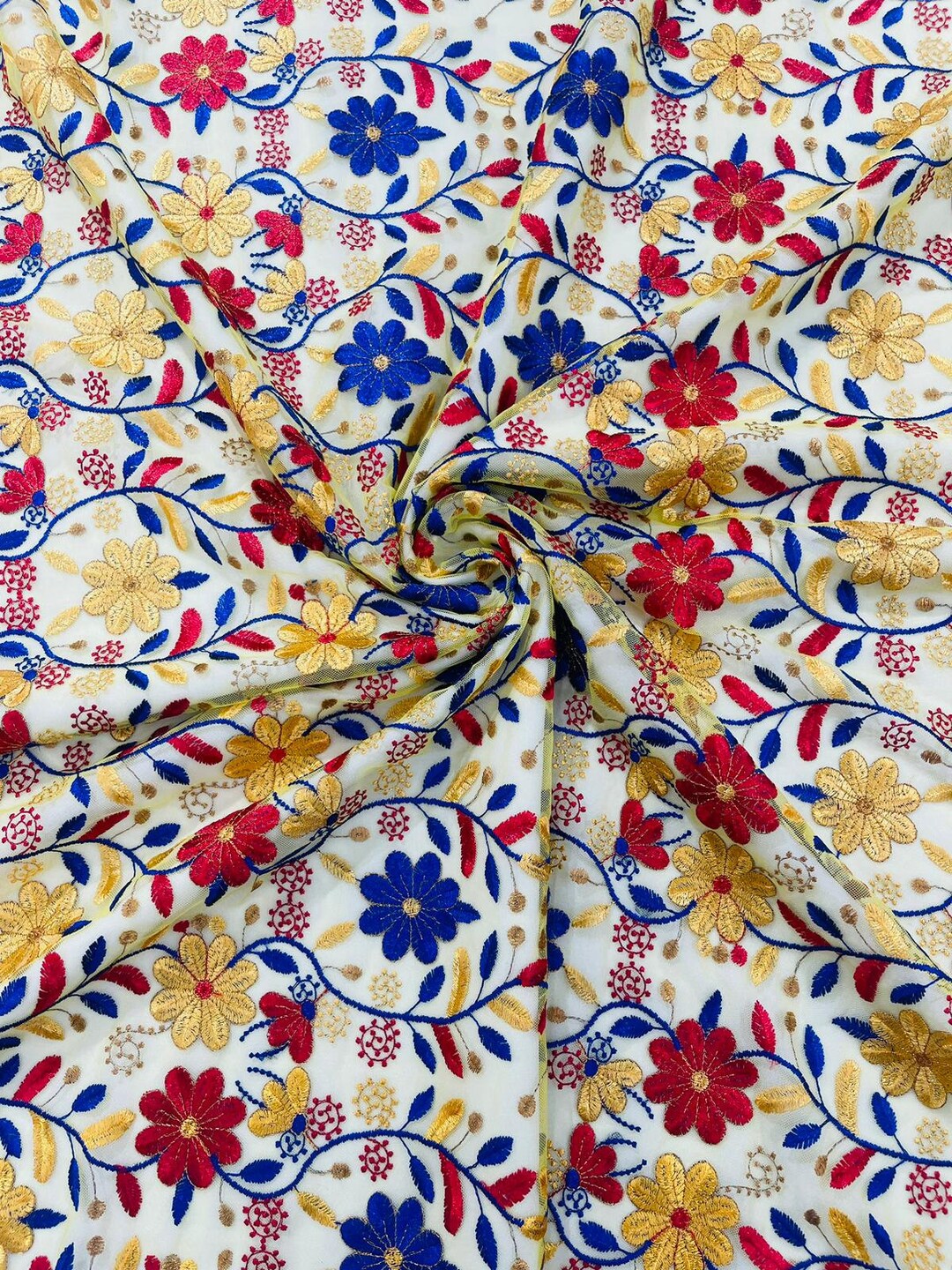 Multi Color Mexican Sarape Floral Design Embroider on a Teal Blue Mesh Lace-Sold by the Yard. main image 0
