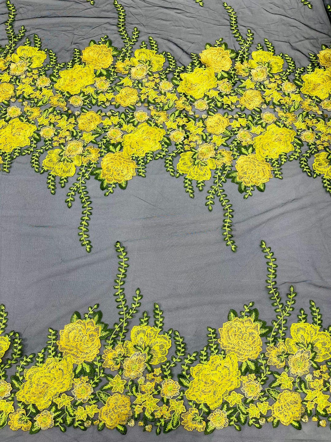 Yellow Roses Multi Color Floral Design Embroider on a Black Mesh Lace ...