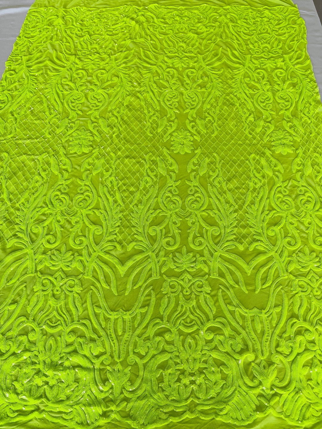 Damask Shiny Sequin Shell Design On a 4 Way Stretch Mesh Fabric -Prom-Sold By The Yard. Olive main image 0