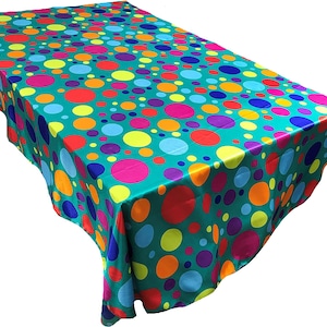Happy Birthday Tablecloth Multi Color Polka Dot Satin Tablecloth (Multi Color Dot on Teal Satin Fabric