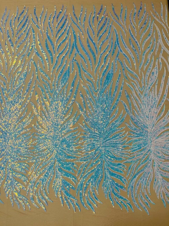 Iridescent Phoenix Feather Design with Sequins Embroider on a 4 Way Stretch Mesh Fabric-Sold by The Yard. Aqua Iridescent Nude