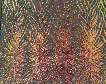 Iridescent Phoenix Feather Design with Sequins Embroider on a 4 Way Stretch Mesh Fabric-Sold by The Yard. Rainbow