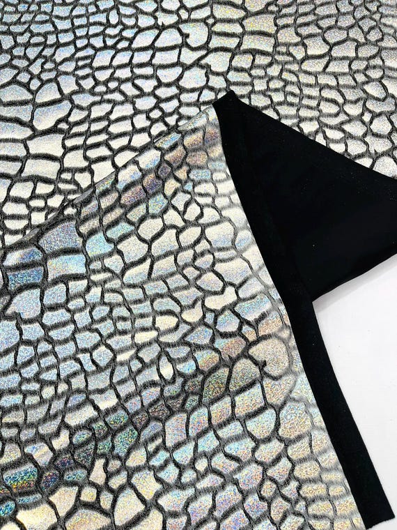Silver Black Dragon Skin Foil Design On A Stretch Velvet Fabric| Sold By The Yard.