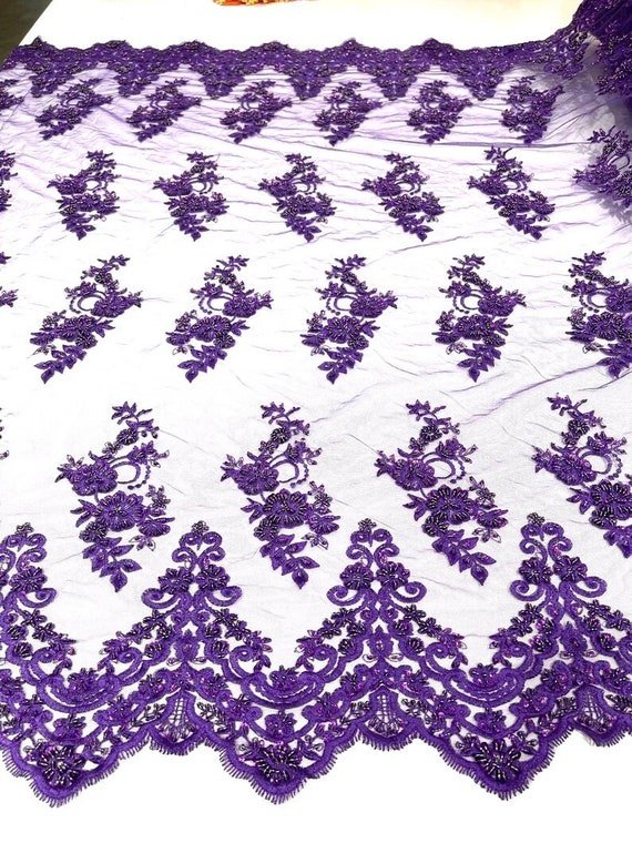Elegant Hand Beaded Design Embroider on a Glitter Mesh Lace-Prom-Sold By The Yard. Purple