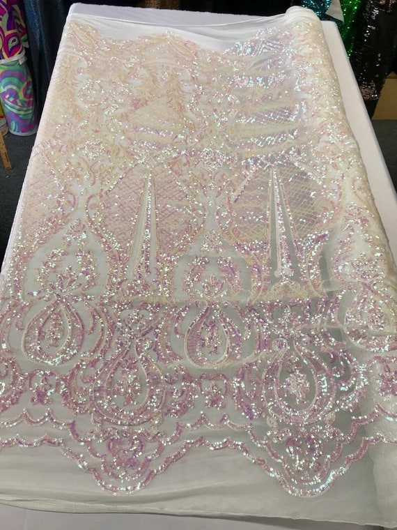 Princess Sequin Design on 4 Way Stretch Mesh Fabric-Prom-Sold By The Yard. Pink Iridescent White