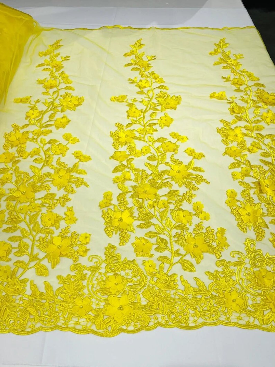 Emily 3-D Floral Design Embroider with Pearls On A Mesh Lace Fabric (1 Yard, Lavender)
