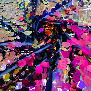 Fuchsia Purple Iridescent Jumbo Sequins Oval Sequin Paillette/Tear Drop Mermaid Big Sequins Fabric On Purple Mesh/ 54 Inches Wide.