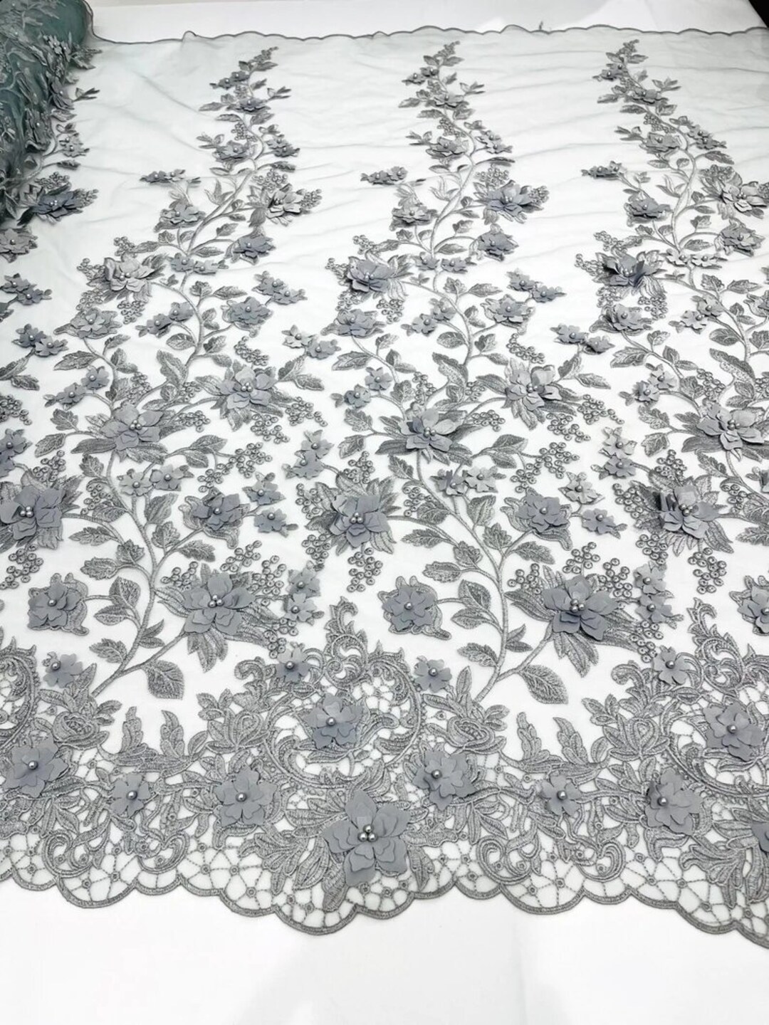 3D floral design embroider with pearls in a mesh lace-sold by the yard. Lavender main image 1