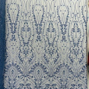 Blue Modern Luxury Beaded Fabric Embroidered on a Mesh Lace, Sold by The Yard