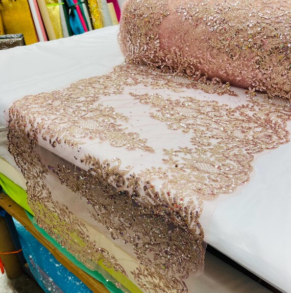 Rose Gold 20" Wide Trim Glitter Damask Design On A Mesh Trim Lace- Table Runner.