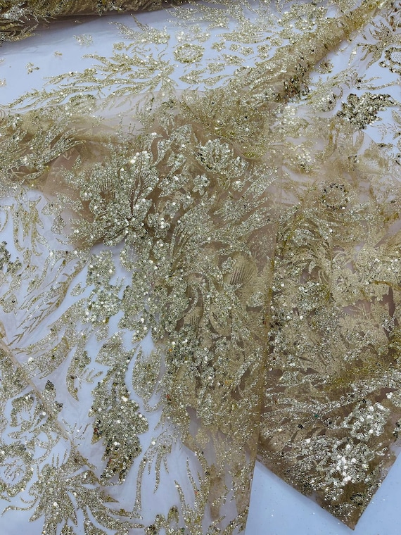 Champagne Big Glitter Damask Design On A Mesh Lace Fabric/Prom/Sold By The Yard