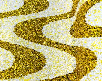 Sequin Wave Design On White stretch velvet all over 5mm shining sequins 2-way stretch, Sold by the yard - Yellow - White.