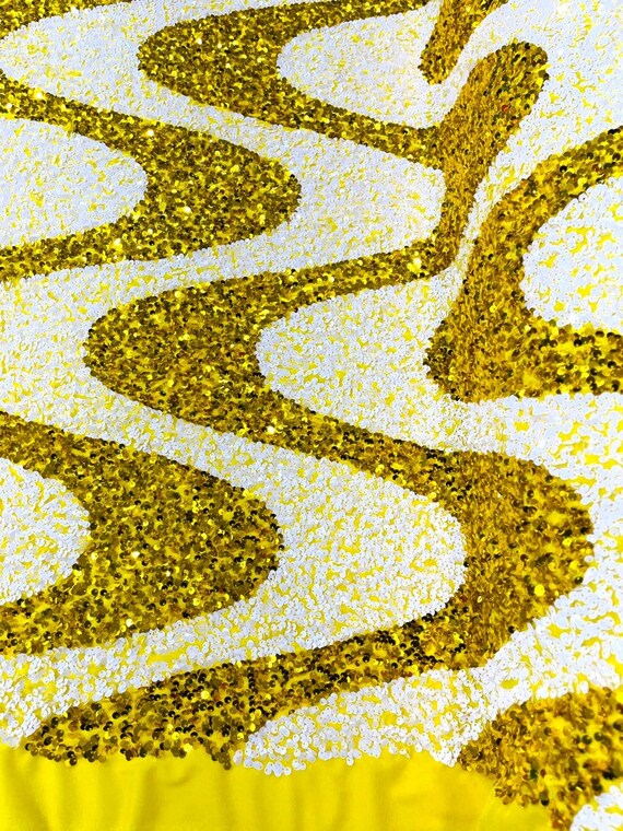 Sequin Wave Design On White stretch velvet all over 5mm shining sequins 2-way stretch, Sold by the yard - Yellow - White.