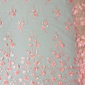 Ruby 3D Floral Design Embroider with Pearls in a Mesh Lace-Dresses-Fashion-Decorations-Prom-Nightgown-Sold By the Yard. Pink