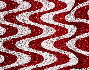Sequin Wave Design On White stretch velvet all over 5mm shining sequins 2-way stretch, sold by the yard - Red-White.