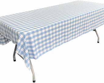 White & Light Blue Polyester Poplin Gingham Checkered Rectangular Tablecloth.
