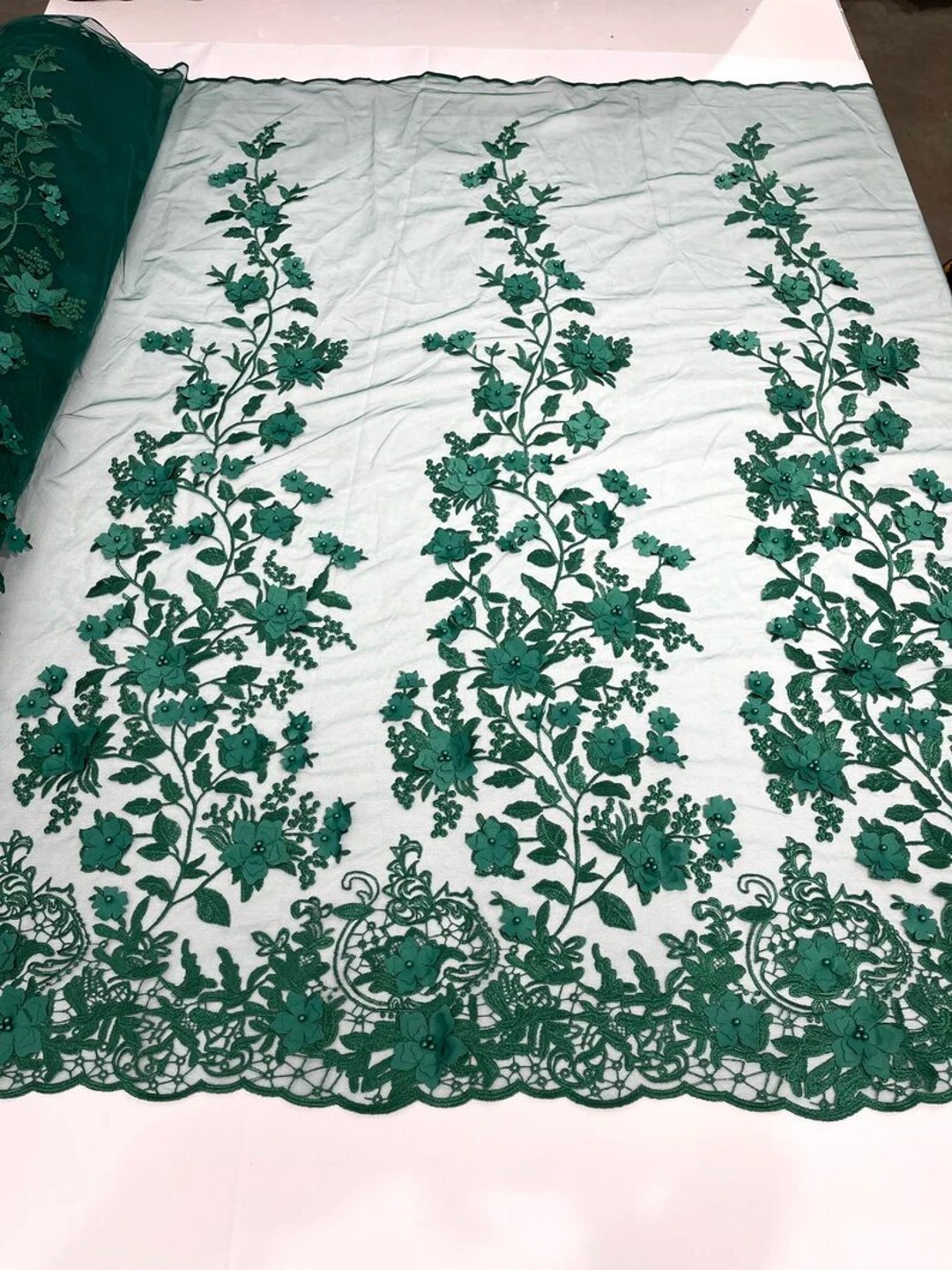 3D Floral Design Embroider with Pearls in a Mesh Lace-Sold by The Yard Light Blue