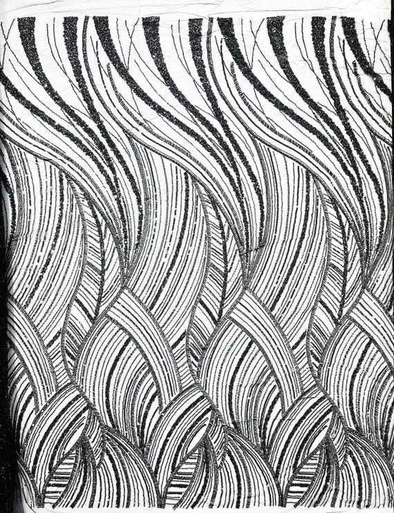 Black Luxury Feather Damask Beaded Lace Fabric| Prom| Wedding| By The Yard.